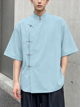 Men's Solid Color New Chinese Style Asymmetric Short Sleeve Shirt SKUL56321