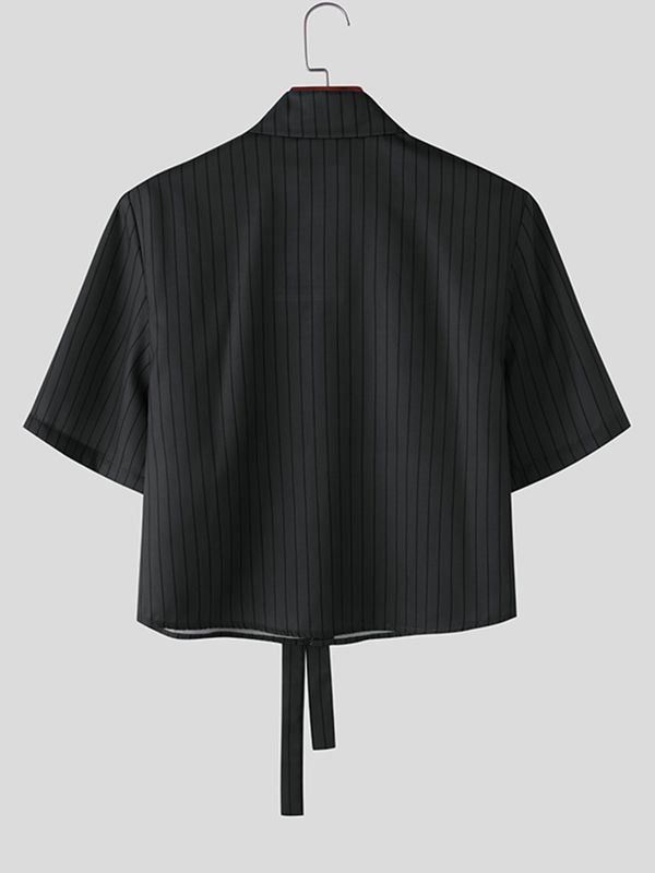 Men's 3D Floral Necktie Cropped Pinstripe Short Sleeve Shirt SKUL55375