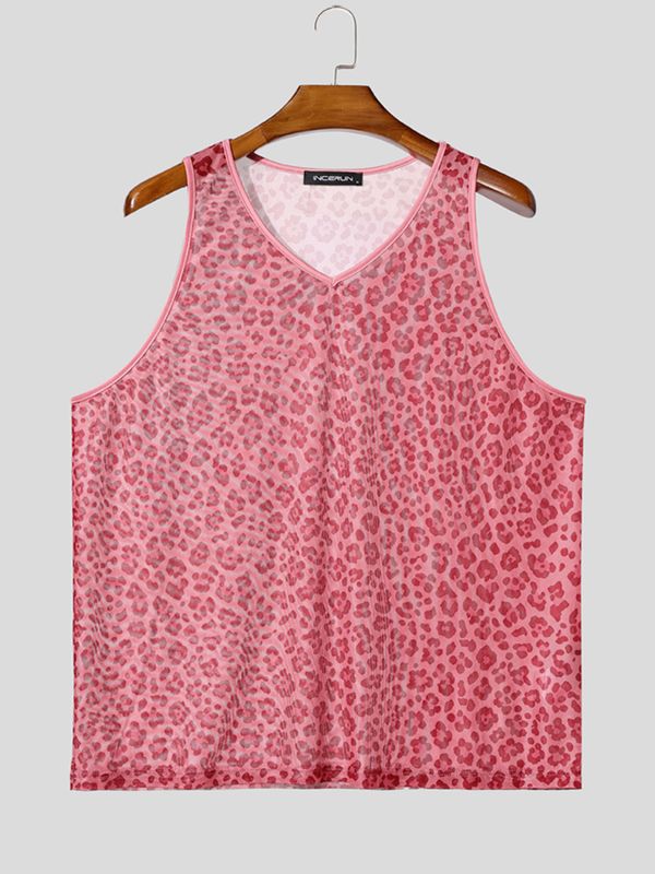Men's Sexy Resort Leopard Print Contrast Trim V-Neck Tank SKUL73710