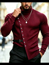 Men's Avant-Garde Diagonal Metal Grommet Buckled Belt Split Hem Long Sleeve Turtleneck T-shirt SKUL81136
