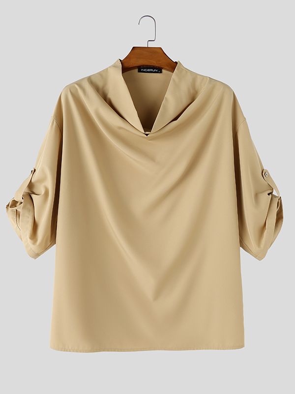 Men's Avant-Garde Cowl Neck Oversized Roll-Up Sleeve Pullover Shirt SKUL70266