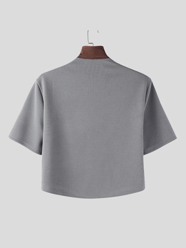 Men's Textured Patchwork Short Sleeve Zipper Cardigan SKUL47599