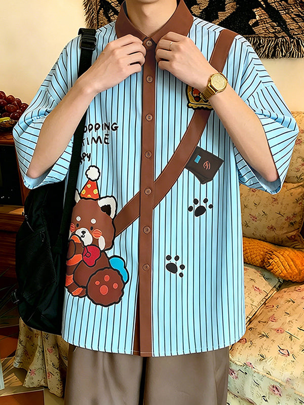 Men's Japanese Vintage Vertical Stripe Cartoon Bear Print Contrast Lapel Short Sleeve Shirt SKUL59664