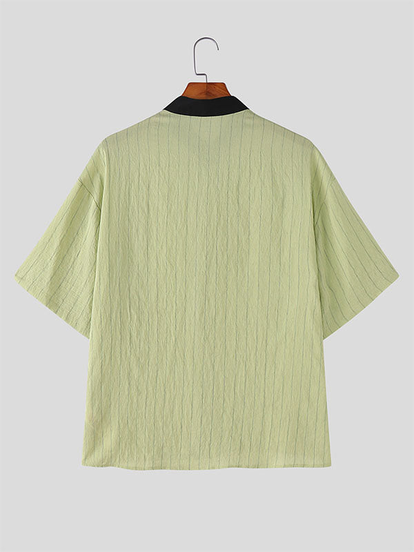 Mens Striped Colorblock Stand Collar Short Sleeve Shirt SKUL17927