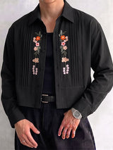 Men's Early Autumn Urban Casual Embroidered Pleated Cropped Long Sleeve Turn-Down Collar Shirt SKUL78974