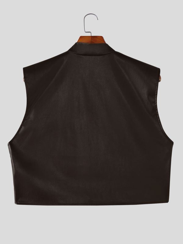 Men's Avant-Garde Modern Chinoiserie Faux Leather Frog Button Cropped Waistcoat SKUL64156