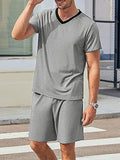 Mens Solid V-Neck Short Sleeve Two Pieces Outfits SKUK51703