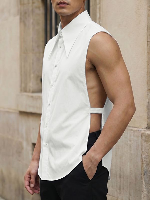 Men's Avant-Garde Pointed Collar Open Side Strap Detail Sleeveless Shirt SKUL68073