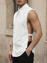 Men's Avant-Garde Pointed Collar Open Side Strap Detail Sleeveless Shirt SKUL68073