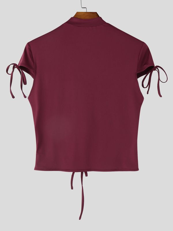 Men's Avant-Garde Lace-Up Front Chest Cutout Cropped T-shirt SKUL59583