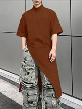 Men's Solid Color Asymmetric Longline Half Zip Short Sleeve Shirt SKUL56315