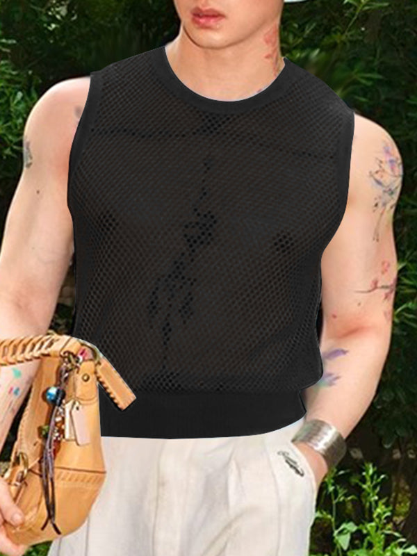 Mens Sheer Mesh Hollow-Out Crew Neck Tank SKUL18803
