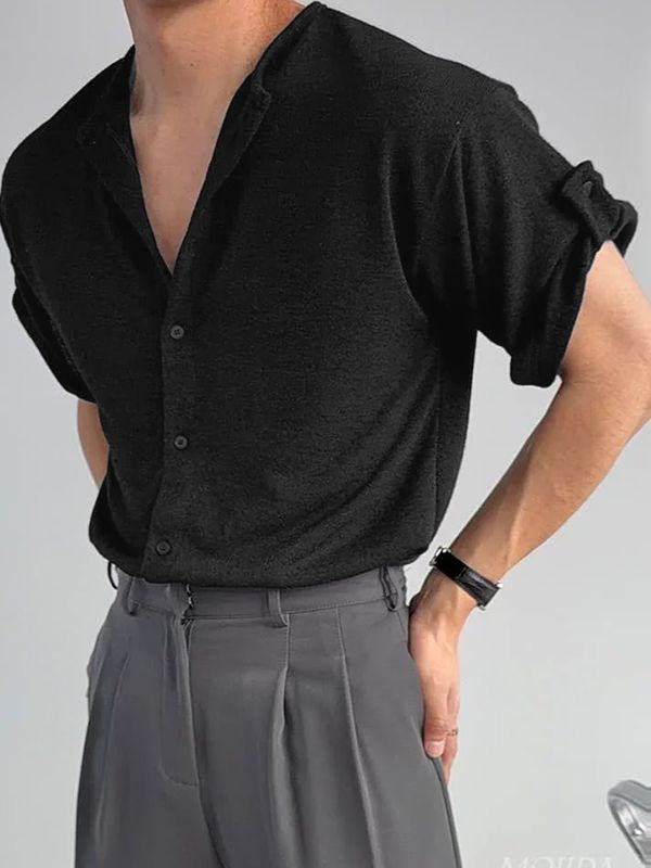 Men's Vintage Japanese Style Knit Textured Relaxed Fit Drop Shoulder Short Sleeve Shirt SKUL72617