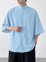 Men's Stand Collar Hidden Placket Oversized Kimono Short Sleeve Shirt SKUL70239