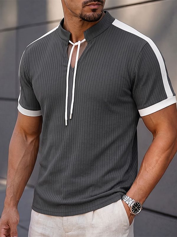Men's Casual Ribbed Contrast Panel Drawstring V-Neck Short Sleeve Shirt SKUL73568