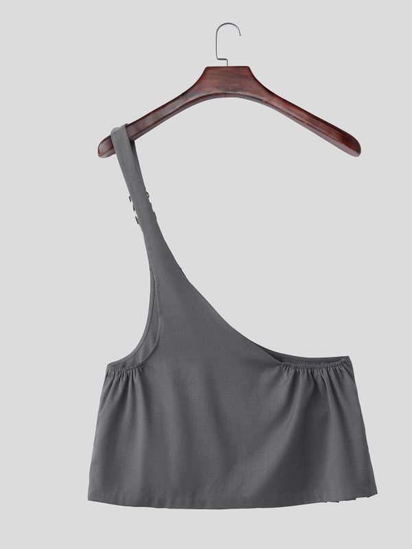 Men's Avant-Garde Asymmetric One-Shoulder Buckle Strap Pleated Peplum Skirt SKUL62715