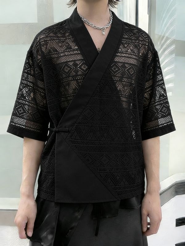 Men's Avant-Garde Geometric Hollow-Out Lace New Chinese Style Wrap Cardigan SKUL55355