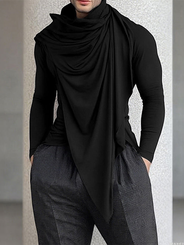 Men's Solid Ruched Drape Neck Long Sleeve T-Shirt SKUL28150