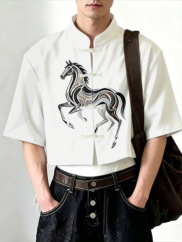 Men's New Chinese Style Horse Graphic Frog Button Cropped Shirt SKUL61179