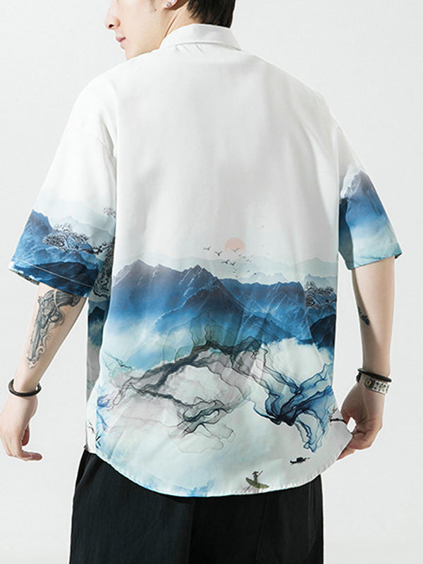 Mens Chinese Style Landscape Print Lapel Shirt SKUK16331