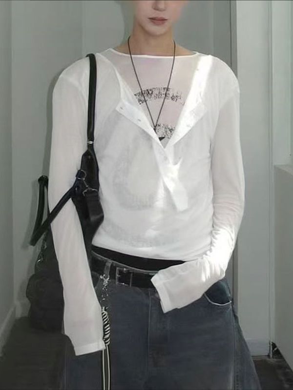 Men's Faux Two Piece Sheer Henley Neck Long Sleeve T-shirt SKUL41302