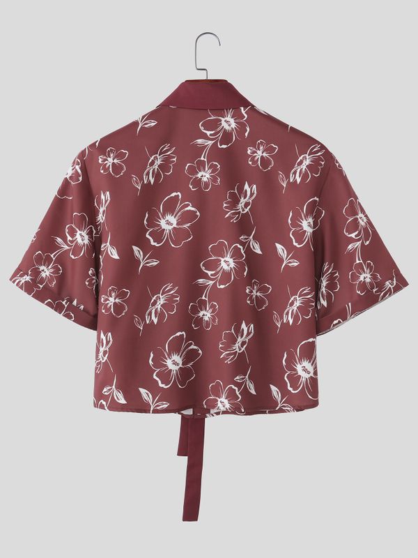 Men's 3D Floral Tie Front Short Sleeve Shirt SKUL55364