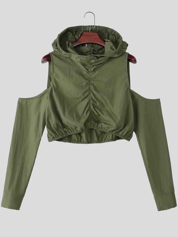 Men's Cyberpunk Techwear Cut-Out Shoulder Ultra-Cropped Ruched Hoodie T-shirt SKUL75398