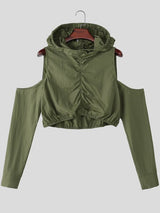 Men's Cyberpunk Techwear Cut-Out Shoulder Ultra-Cropped Ruched Hoodie T-shirt SKUL75398