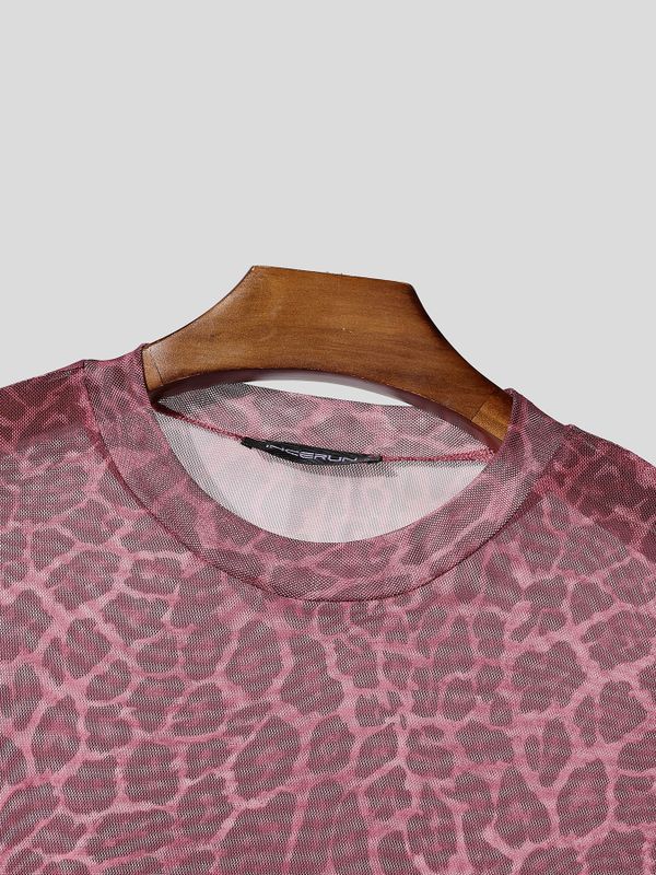 Men's Sexy Clubwear Sheer Leopard Pattern Second Skin Muscle Fit Long Sleeve Crew Neck T-shirt SKUL82464