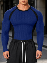Men's Athletic Gym 3D Honeycomb Textured Contrast Color Block Muscle Fit Raglan Long Sleeve Crew Neck T-shirt SKUL83434