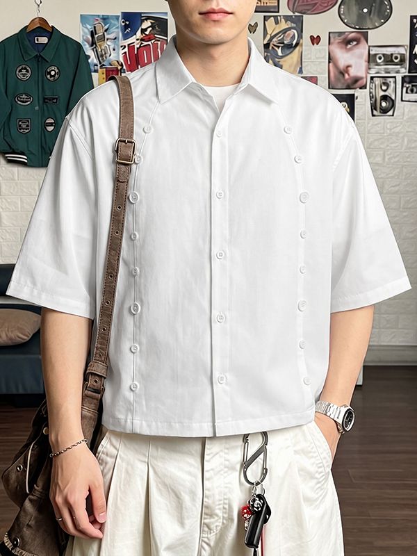 Men's Avant-Garde High Street Multi-Button Deconstructed Relaxed Short Sleeve Shirt SKUL60138