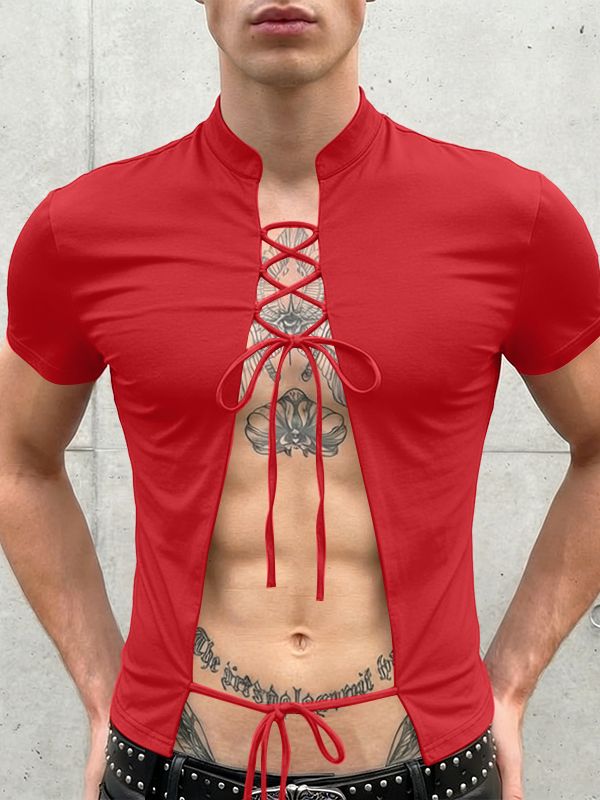 Men's Lace-Up Open Front Mandarin Collar Slim Fit Short Sleeve T-shirt SKUL57500