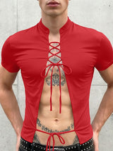 Men's Lace-Up Open Front Mandarin Collar Slim Fit Short Sleeve T-shirt SKUL57500