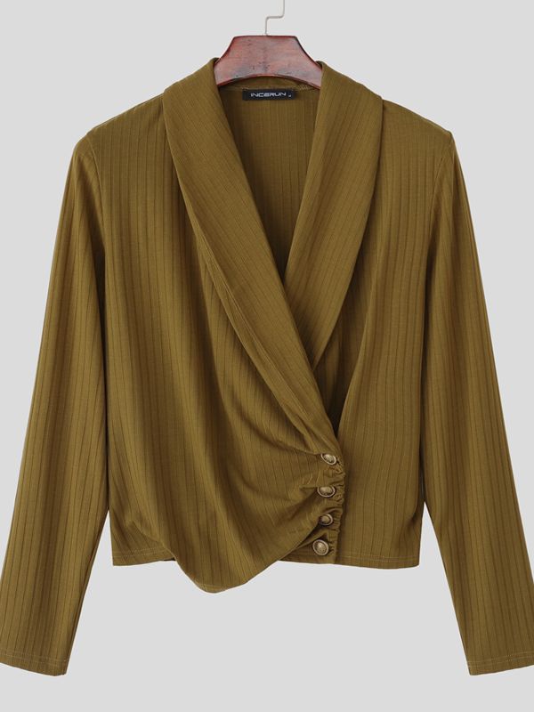 Men's Solid Color Asymmetric Placket Knit Long Sleeve T-shirt SKUL44008