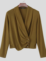 Men's Solid Color Asymmetric Placket Knit Long Sleeve T-shirt SKUL44008