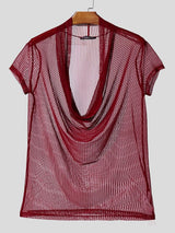 Men's Avant-Garde Sheer Deep Draped Cowl Neck Slim Fit T-shirt SKUL54626
