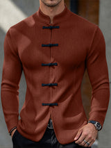[Pre-order] Men's Neo-Chinese Chic Evening Date Contrast Frog Button Ribbed Long Sleeve T-shirt SKUL88537