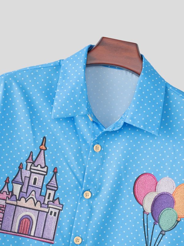 Men's Daily Casual Wear Polka Dot Cartoon Castle Patchwork Oversized Casual Shirt SKUL59596