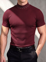 Men's Clean Fit Cocktail Party Fine Ribbed High Stretch Crystal Detail Fitted Short Sleeve Mock Neck T-shirt SKUL83260