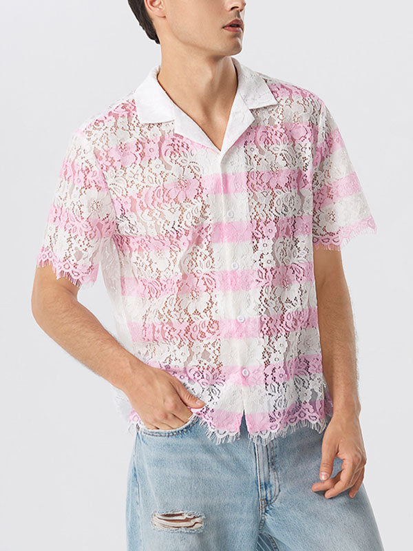 Mens Lace Striped Revere Collar Shirt SKUK07627