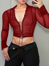 Men's Sheer Mesh Drawstring Eyelet Cropped Long Sleeve T-shirt SKUL45419