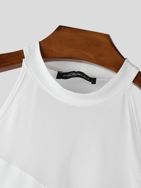 Men's Avant-Garde Mock Neck Mesh Panel Double Buckle Cropped Tank SKUL55394