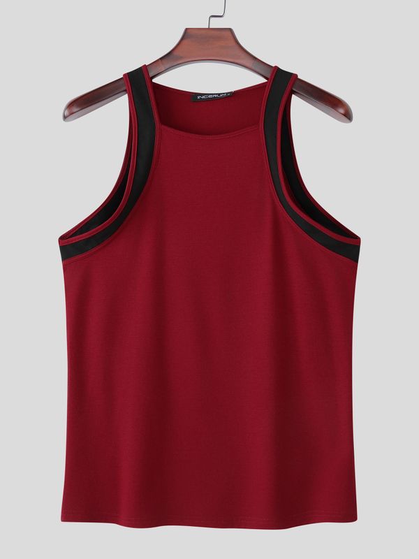 Men's Avant-Garde Contrast Square Neck Form-Fitting Double Strap Muscle Tank SKUL68335