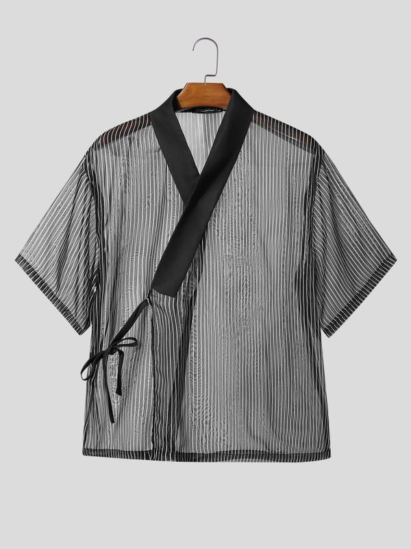 Men's Avant-Garde Sheer Organza Stripe Cross Wrap Tie Side V-Neck Cardigan SKUL62036