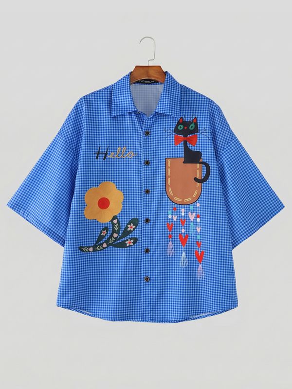 Men's Harajuku Streetwear Plaid Cartoon Cat Print Oversized Casual Shirt SKUL59651