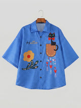 Men's Harajuku Streetwear Plaid Cartoon Cat Print Oversized Casual Shirt SKUL59651