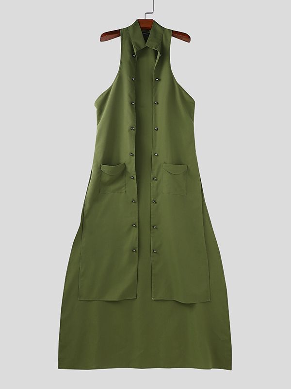 Men's Long Tail Hem Metal Buckle Sleeveless Waistcoat SKUL37660