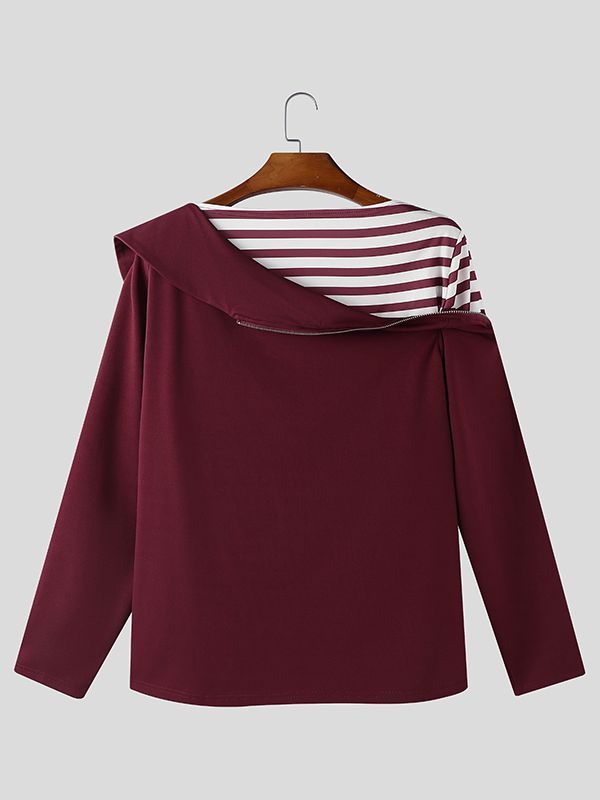 Men's Shoulder Zipper Design Stripe Patchwork Long Sleeve T-shirt SKUL43742