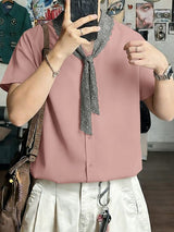 Men's Solid Color Lace Tie Short Sleeve Shirt SKUL56077