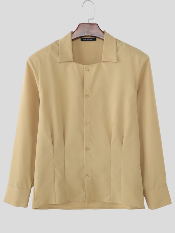 Men's Solid Color Square Neck Slim Fit Long Sleeve Shirt SKUL52578